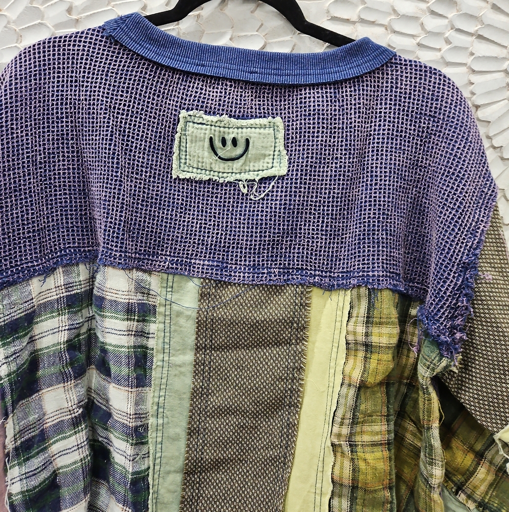 Patchwork Plaid Relaxed Waffle Upcycled Women's Top in Green & Blue Oversized - Picture 7 of 8